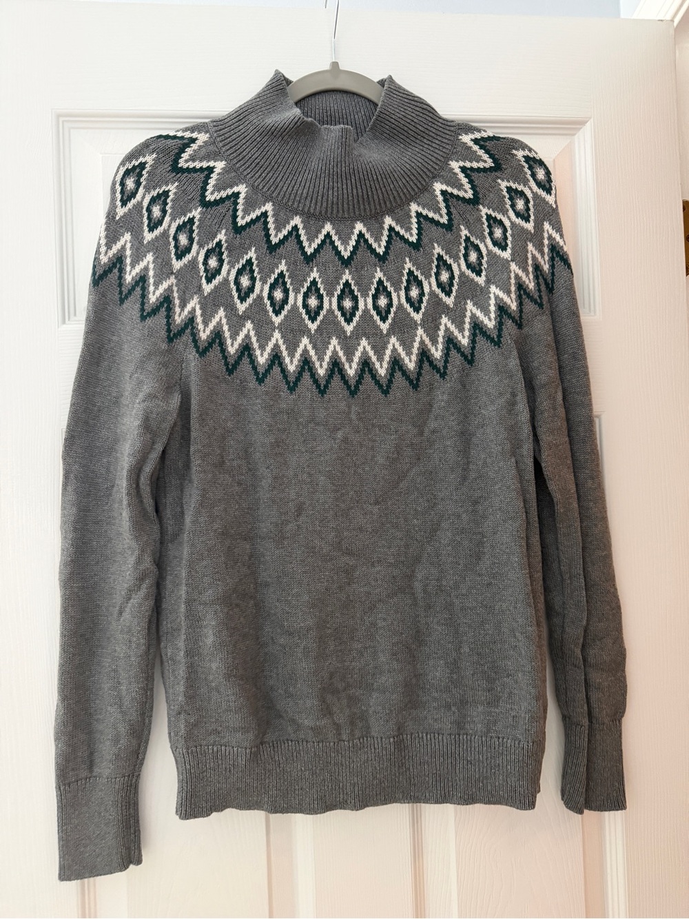 LOFT Gray mock neck Sweater with Green and White Fair Isle Yoke